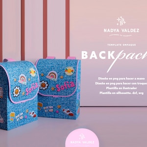 May include: Two blue denim backpack-shaped boxes with pink trim and colorful patches. The boxes are decorated with the name "Sofia" and have a variety of colorful patches, including a rainbow, a star, and a smiley face. The boxes are sitting on a pink and white striped background. The text "NADYA VALDEZ TEMPLATE EMPAQUE BACKpack" is visible at the top of the image.
