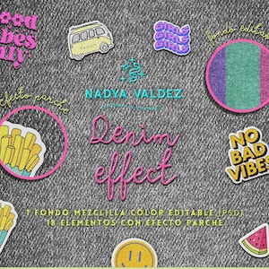 May include: A set of 18 digital graphics featuring colorful patches with denim-like textures. The patches include phrases like "Good Vibes Only", "No Bad Vibes", and "Girls Girls Girls". The graphics are designed for use in digital projects, such as social media posts, website designs, and digital scrapbooking.