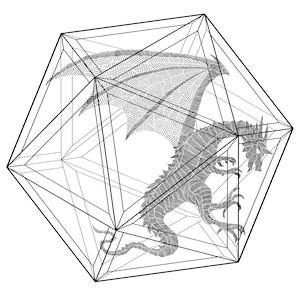 May include: A black and white line art illustration of a dragon trapped inside a geometric cage. The dragon's wings are spread out and its tail is curled around its body.