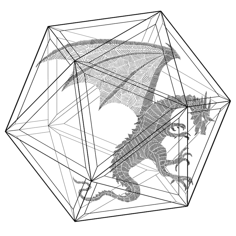 May include: A black and white line art illustration of a dragon trapped inside a geometric cage. The dragon's wings are spread out and its tail is curled around its body.