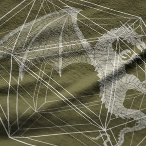 May include: A white dragon with wings outstretched is trapped inside a geometric cage. The cage is made of white lines and is on a green background.