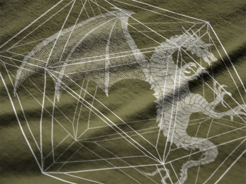 May include: A white dragon with wings outstretched is trapped inside a geometric cage. The cage is made of white lines and is on a green background.