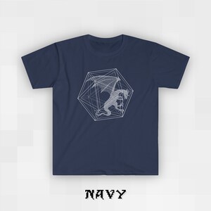 May include: A navy blue t-shirt with a white graphic of a dragon inside a geometric shape.