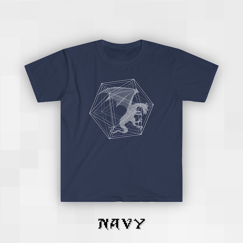May include: A navy blue t-shirt with a white graphic of a dragon inside a geometric shape.