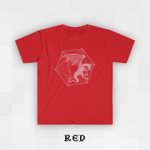 May include: Red t-shirt with a white graphic of a dragon inside a geometric shape.