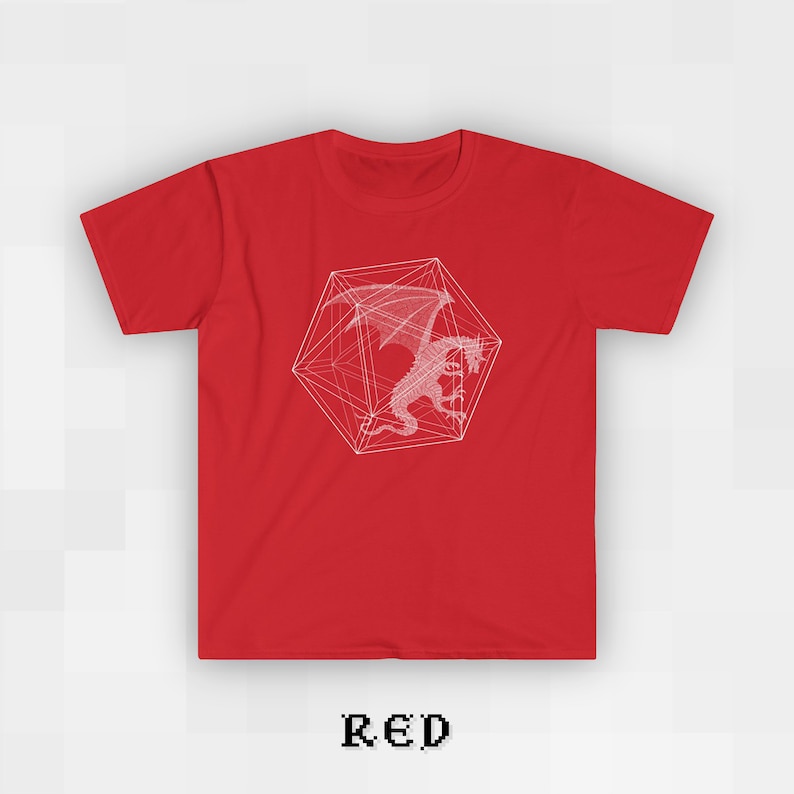 May include: Red t-shirt with a white graphic of a dragon inside a geometric shape.