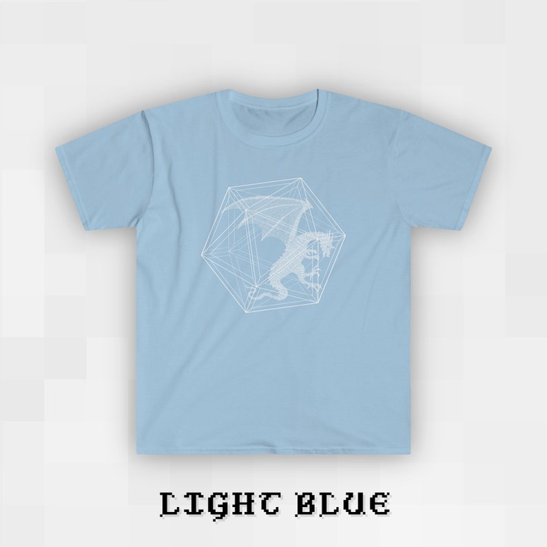 May include: A light blue t-shirt with a white graphic of a dragon inside a geometric shape.