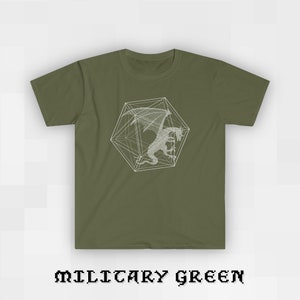 May include: A military green t-shirt with a white geometric dragon design. The dragon is inside a white geometric shape.
