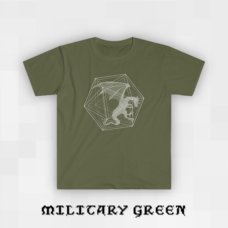 May include: A military green t-shirt with a white geometric dragon design. The dragon is inside a white geometric shape.