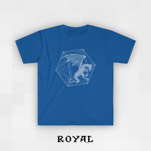 May include: A royal blue t-shirt with a white graphic of a dragon inside a geometric shape. The text "ROYAL" is printed below the graphic.