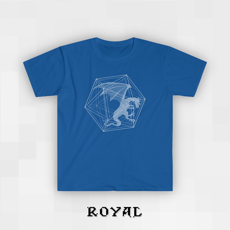May include: A royal blue t-shirt with a white graphic of a dragon inside a geometric shape. The text "ROYAL" is printed below the graphic.