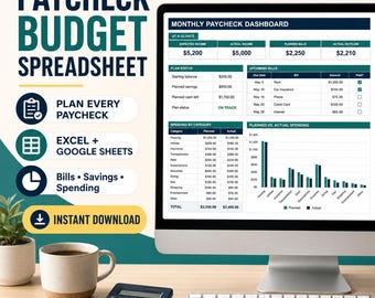 Paycheck Budget Spreadsheet, Biweekly Budget Planner for Excel & Google Sheets, Paycheck Tracker, Monthly Budget Template