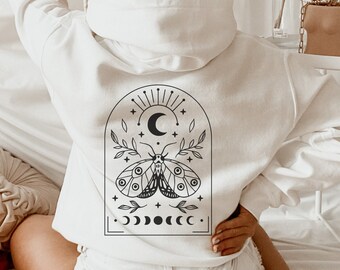 Luna Moth Hoodie, Witchy Aesthetic Shirt, Astrology Sweatshirt, Celestial Mystical Full Zip Hoodie, Moon Phases Fall Clothes, Boho Gifts