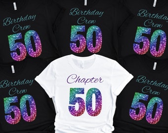 Camisetas de 50 cumpleaños, Camisetas grupales de 50 cumpleaños con arcoíris, Regalos de 50 cumpleaños para mujeres, Regalo personalizado para fiesta de 50 cumpleaños con efecto brillante