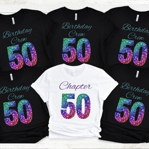 50歳の誕生日シャツ、レインボー50歳の誕生日グループシャツ、女性への50歳の誕生日プレゼント、パーソナライズされた50歳の誕生日パーティーギフト、グリッター効果