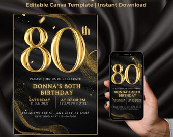 80th Birthday Invitation Template Editable Canva Invitation Gold Black Birthday Party Invite Instant Download Mobile Invitation Printable
