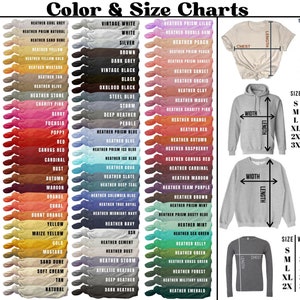 May include: A color and size chart for apparel featuring a grid of folded t-shirts in various shades with corresponding color names. The right side displays diagrams of a t-shirt, hoodie, sweatshirt, and long-sleeve shirt with tables of measurements in inches.