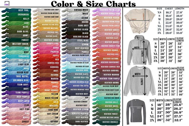 May include: A color and size chart for apparel featuring a grid of folded t-shirts in various shades with corresponding color names. The right side displays diagrams of a t-shirt, hoodie, sweatshirt, and long-sleeve shirt with tables of measurements in inches.