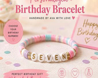 Personalized Birthday Bracelet | Birthday Number Bracelet | Birthday Gift for Girls | Custom Age Bracelet | Handmade by Ava