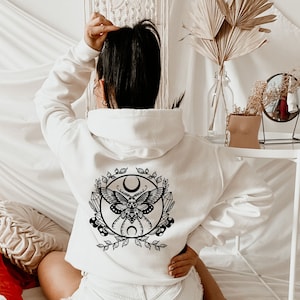Luna Moth Zip Up Hoodie, Moon Phases Mystical Full Zip Hoodie, Witchy Aesthetic, Boho Gifts for Her, Hippie Apparel w/ Mushrooms & Crystals