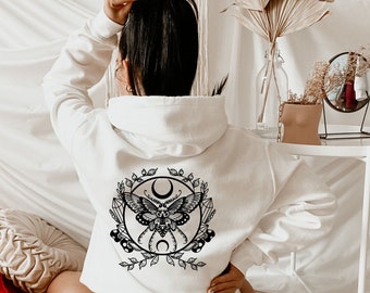 Luna Moth Zip Up Hoodie, Moon Phases Mystical Full Zip Hoodie, Witchy Aesthetic, Boho Gifts for Her, Hippie Apparel w/ Mushrooms & Crystals