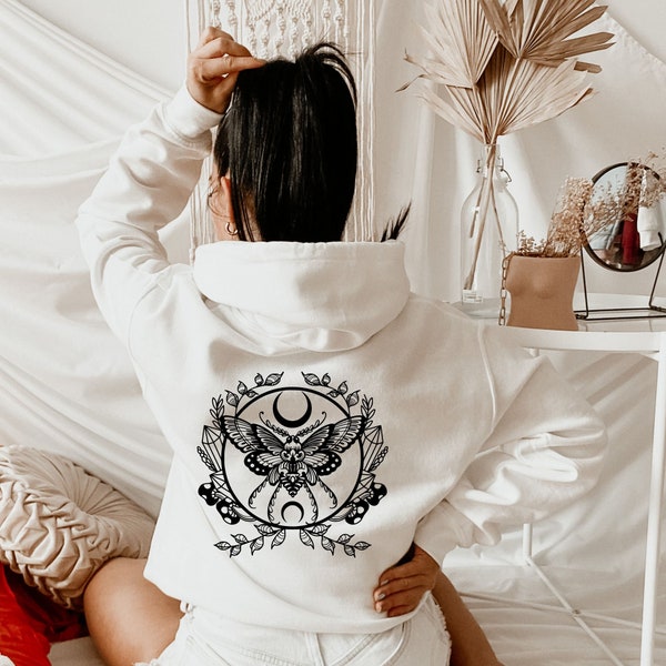 Luna Moth Zip Up Hoodie, Moon Phases Mystical Full Zip Hoodie, Witchy Aesthetic, Boho Gifts for Her, Hippie Apparel w/ Mushrooms & Crystals