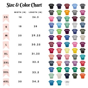 May include: T-shirt size and colour chart. Sizes range from XS to 4XL, with widths from 40.6 cm to 76.2 cm and lengths from 67.3 cm to 87.6 cm. A variety of colours are displayed, including black, red, and blue.