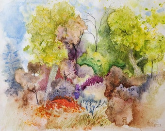 Original Painting Signed Watercolor Landscape Trees