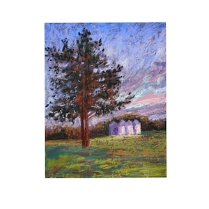 Painting Pastel Original Trees Landscape Farm Silo