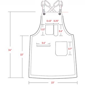 Puede incluir: Un dibujo en blanco y negro de un delantal con tirantes ajustables, dos bolsillos y un lazo para herramientas. El delantal mide 34 pulgadas de alto, 22 pulgadas de ancho y 23 pulgadas de ancho en la parte inferior.