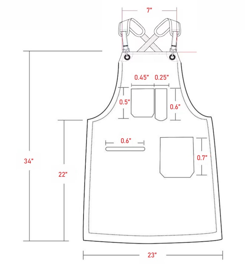 Puede incluir: Un dibujo en blanco y negro de un delantal con tirantes ajustables, dos bolsillos y un lazo para herramientas. El delantal mide 34 pulgadas de alto, 22 pulgadas de ancho y 23 pulgadas de ancho en la parte inferior.