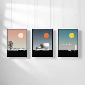 Modernist Gallery Art Print Set |  Modern Architecture | Graphic Illustration Print  | Frank Lloyd Wright, Mies van der Rohe, Le Corbusier