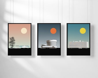 Modernist Gallery Art Print Set |  Modern Architecture | Graphic Illustration Print  | Frank Lloyd Wright, Mies van der Rohe, Le Corbusier