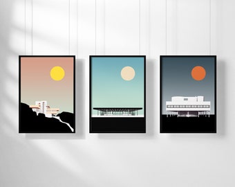 Modernist Gallery Art Print Set |  Modern Architecture | Graphic Illustration Print  | Frank Lloyd Wright, Mies van der Rohe, Le Corbusier