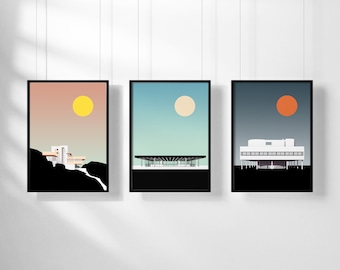 Modernist Gallery Art Print Set |  Modern Architecture | Graphic Illustration Print  | Frank Lloyd Wright, Mies van der Rohe, Le Corbusier