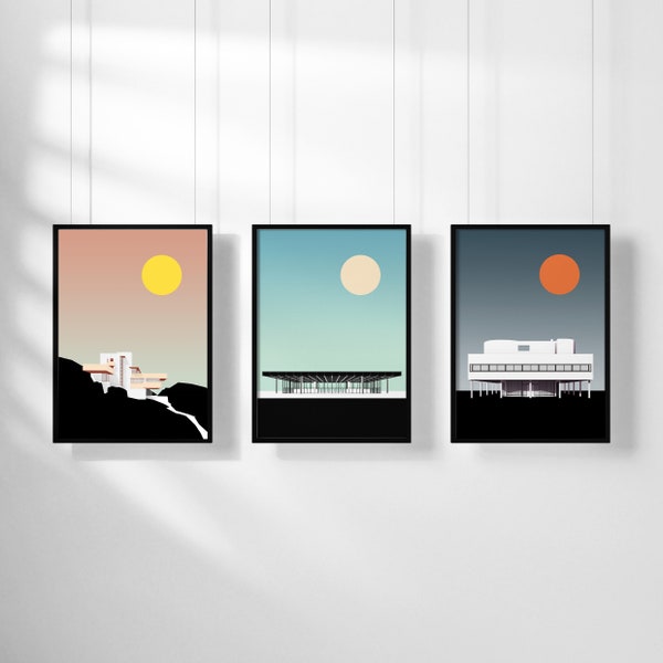 Modernist Gallery Art Print Set | Moderne Architektur | Grafische Illustration Print | Frank LLoyd Wright, Mies van der Rohe, Le Corbusier