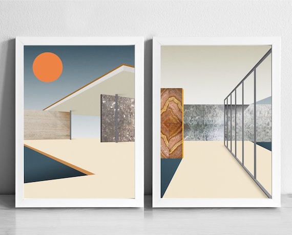 Barcelona Pavilion Art Print Gallery Set Modern Architecture graphic  Illustration Abstract Poster Ludwig Mies Van Der Rohe - Etsy