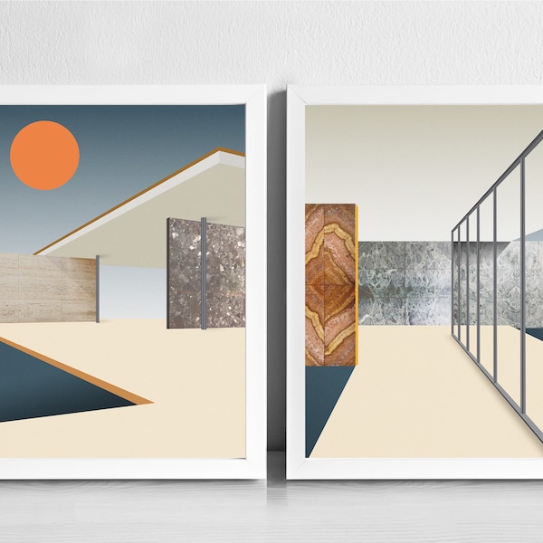 Barcelona Pavilion Art Print Gallery Set | Modern Architecture |Graphic Illustration Abstract Poster | Ludwig Mies van der Rohe