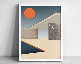 May include: A minimalist illustration of a modern house with a flat roof, a large orange sun, and a swimming pool. The house has a wooden wall and a concrete wall with a textured surface.