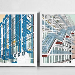 Centre Pompidou Art Print Set | Paris Modern Architecture | Graphic Illustration Abstract Print | Minimalist  | Beaubourg | Gallery Wall