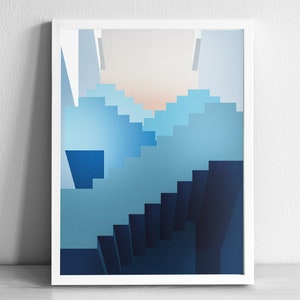 Può includere: Stampa d'arte geometrica astratta con uno schema di colori blu e bianco. La stampa rappresenta una serie di gradini che conducono verso l'alto, creando un senso di profondità e prospettiva.