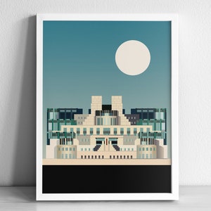 MI6 Gebäude London Vauxhall Moderne Architektur Kunstdruck | Grafische Illustration Abstraktes Poster | Frottee Farrell