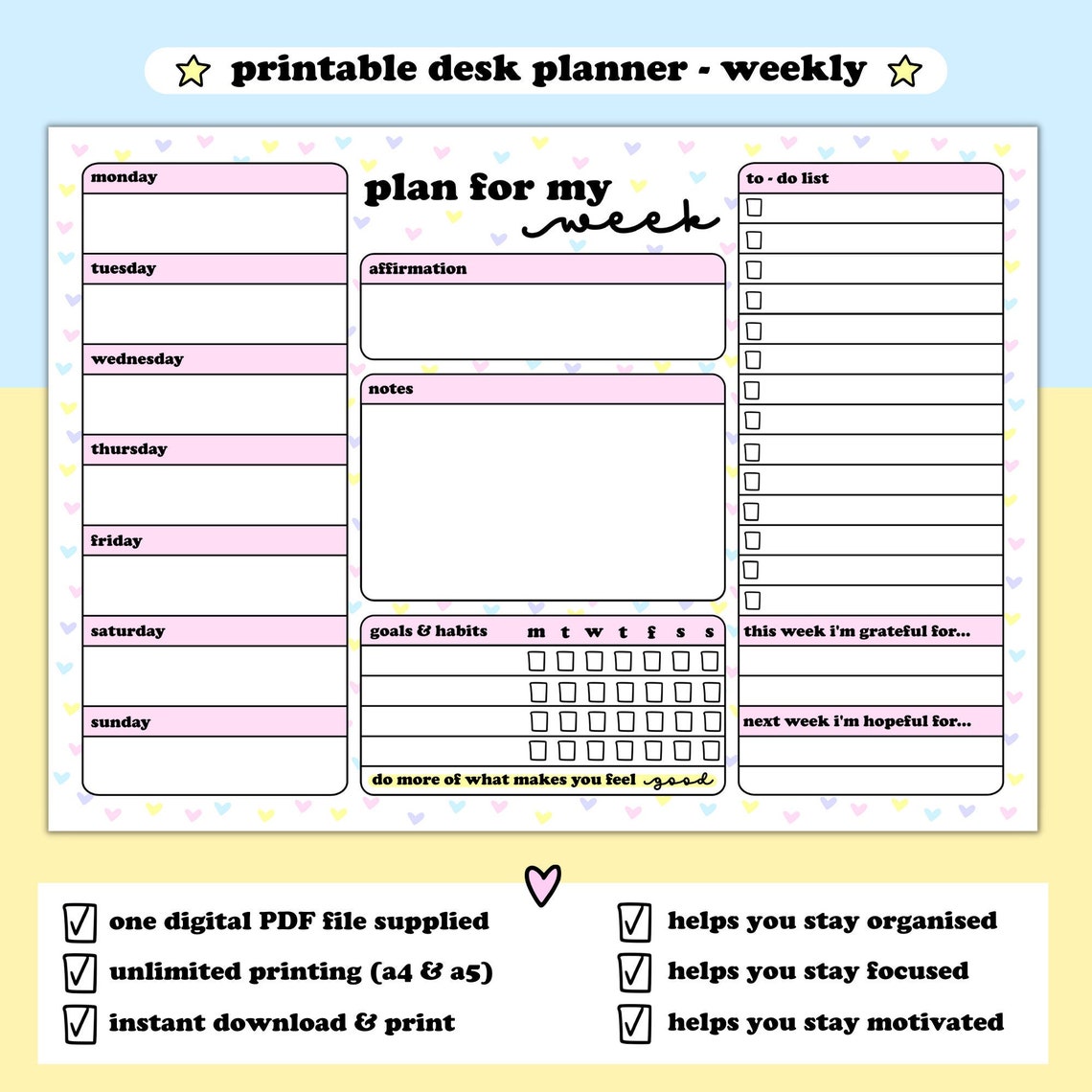 Weekly Planner Printable Weekly Plan Digital Download Pastel Heart