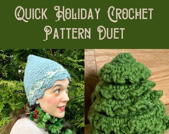 Quick Holiday Crochet Pattern Duet, Frumpy Frilly Holiday Tree Pattern, Go Elf Yourself Beanie Pattern PATTERN PDFS ONLY
