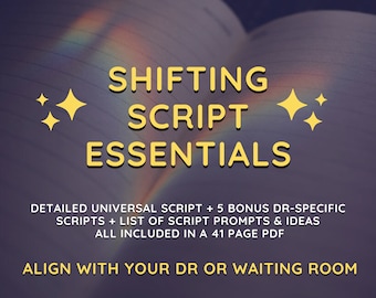 Könnte beinhalten: Ein digitaler Download für Shifting-Skripte mit einem gelben Textüberlager, der "Shifting Script Essentials", "Detailed Universal Script + 5 Bonus DR-Specific Scripts + List of Script Prompts & Ideas" und "All Included in a 41 Page PDF" lautet. Der Text befindet sich auf einem violetten Hintergrund mit einem Regenbogeneffekt.