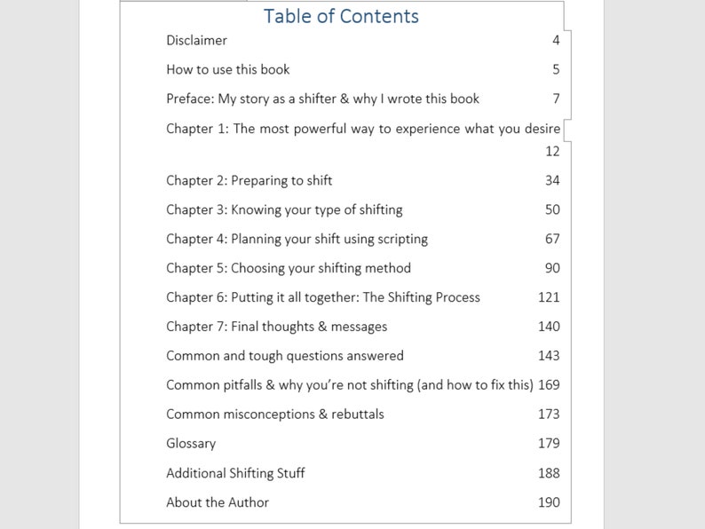 May include: Table of Contents for a book titled "The Shifting Process". The table lists chapters and page numbers, including topics like "Preparing to Shift", "Knowing Your Type of Shifting", and "Common Pitfalls & Why You're Not Shifting".