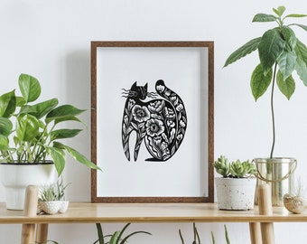 Flower Cat - original linocut print, wall art, wall decoration