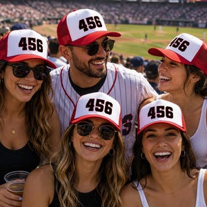 May include: A red and white trucker hat featuring the number 456 in bold black font on the front panel. The hat has a structured white front, a red brim, and a red mesh back. This design is consistent across multiple hats worn in the image.