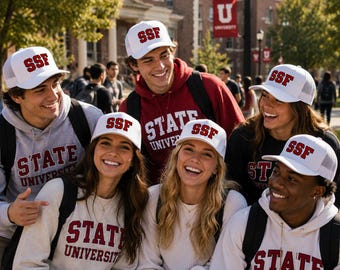 May include: A white trucker hat featuring the letters SSF in bold red font on the front panel. The hat has a structured crown, a curved brim, and a mesh back panel. The design is consistent across multiple hats worn by a group of individuals.