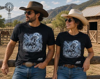 May include: Two black t-shirts featuring a graphic print of a horse galloping under a full moon in a desert landscape with cacti. Each shirt displays the text ACP in white lettering near the bottom hem, paired with blue denim jeans and belts.